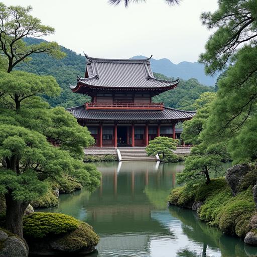 Serene view of a historic Japanese temple surrounded by a garden.
